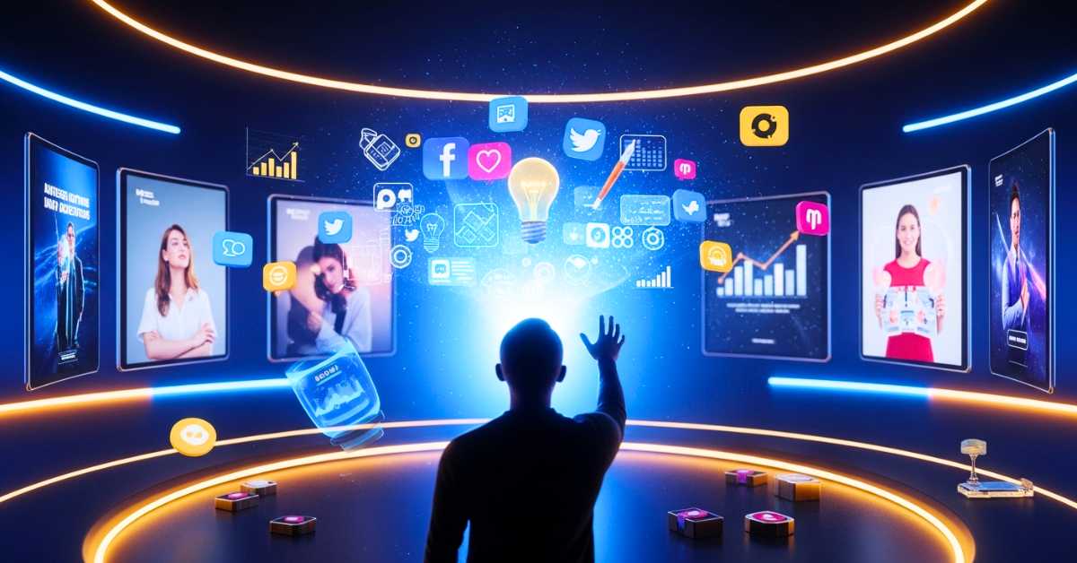 Representação futurista da publicidade digital criativa com hologramas e dados, simbolizando inovação e sucesso no marketing