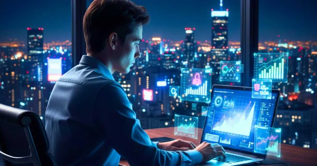 Pessoa especialista em marketing digital analisando gráficos de performance em um laptop, com hologramas de dados, em um escritório com vista noturna para uma cidade, ilustrando o sucesso com cursos de trafego pago online.