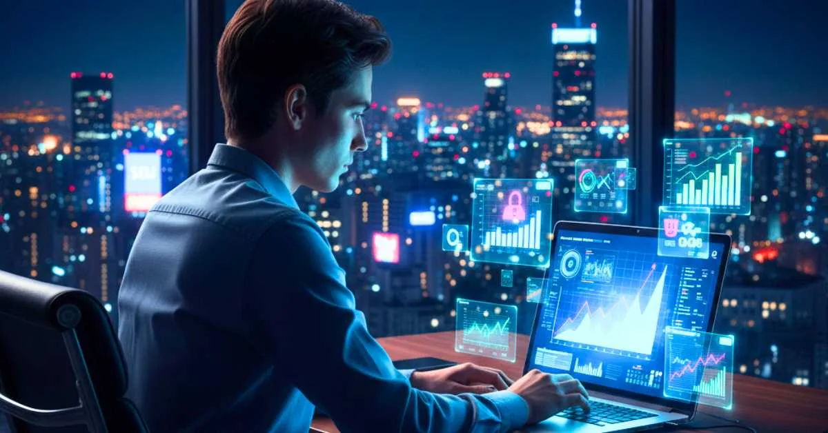 Pessoa especialista em marketing digital analisando gráficos de performance em um laptop, com hologramas de dados, em um escritório com vista noturna para uma cidade, ilustrando o sucesso com o melhor curso de trafego pago.