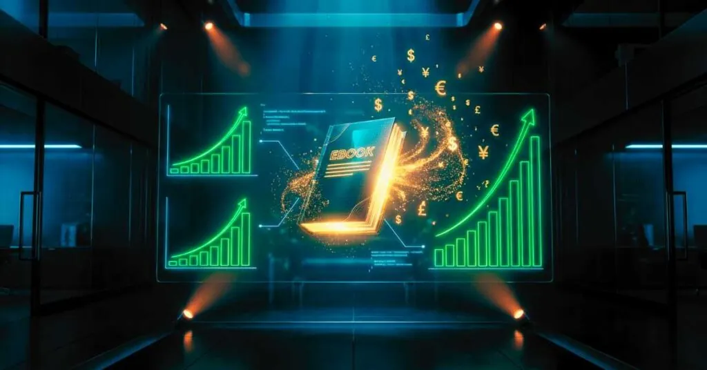 Painel holográfico futurista exibindo gráficos de vendas em alta de um ebook digital brilhante em ambiente high-tech.