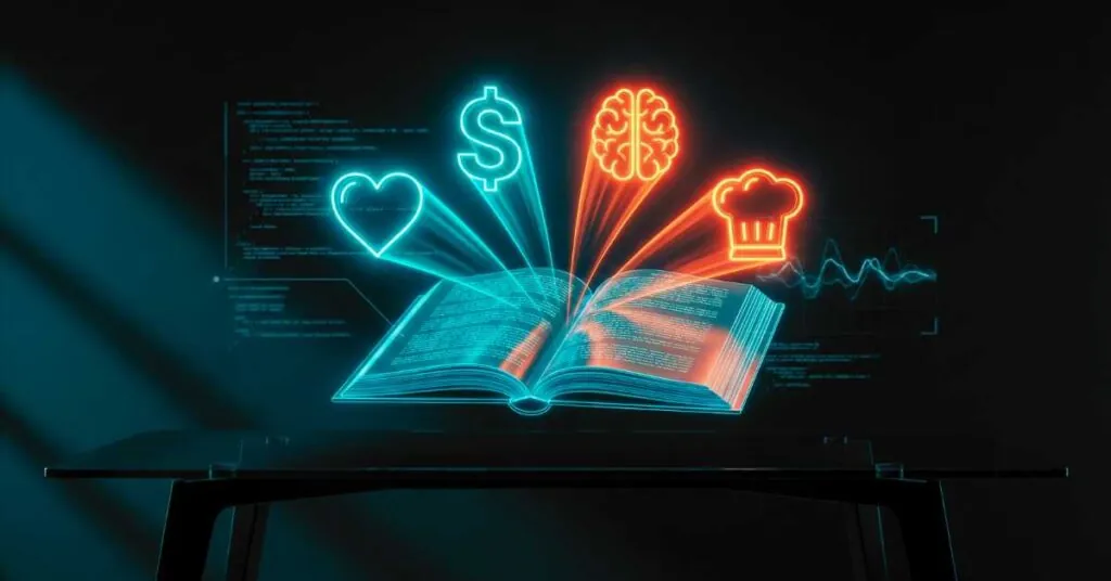 Livro digital holográfico flutuando com ícones neon representando quais nichos de ebook que mais vendem, como saúde e finanças, em ambiente futurista.