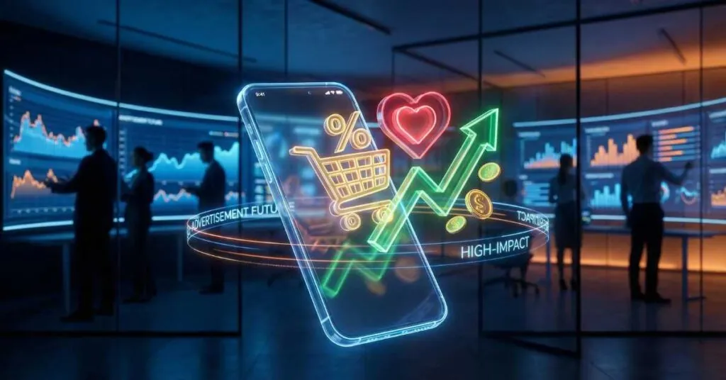 Smartphone exibindo anúncio de propaganda holográfico com gráficos de crescimento em ambiente de marketing futurista.