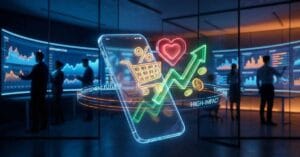 Smartphone exibindo anúncio de propaganda holográfico com gráficos de crescimento em ambiente de marketing futurista.