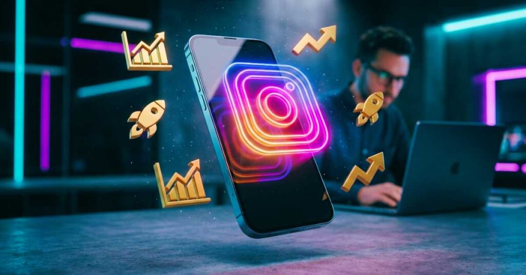 Smartphone futurista exibindo holograma de crescimento no Instagram, representando como crescer no insta melhores cursos.