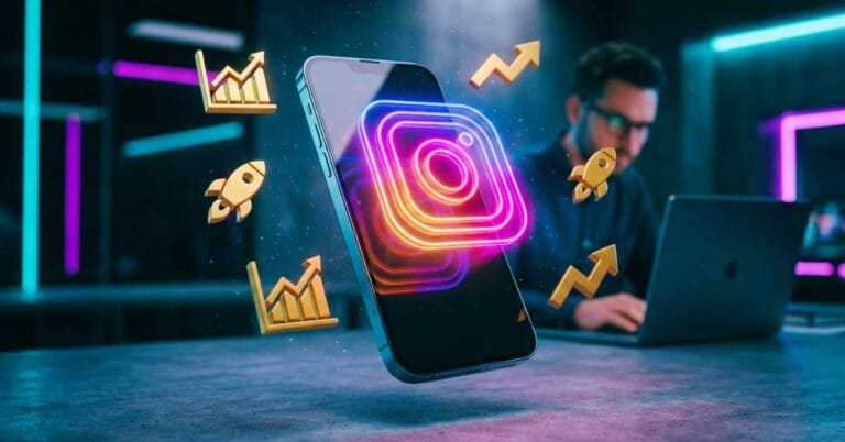 Smartphone futurista exibindo holograma de crescimento no Instagram, representando como crescer no insta melhores cursos.