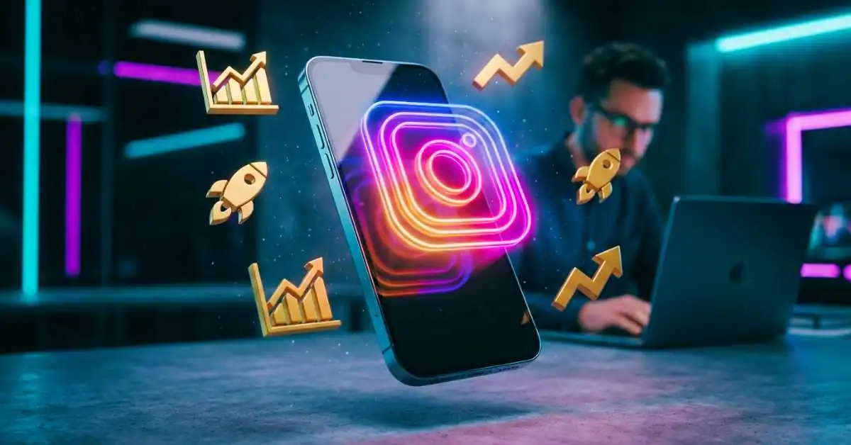 Smartphone futurista exibindo holograma de crescimento no Instagram, representando como crescer no insta melhores cursos.
