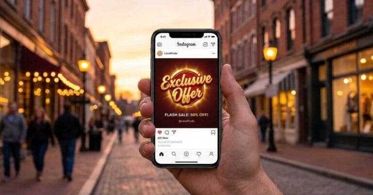 Mão segurando celular com Instagram aberto mostrando promoção exclusiva, fundo desfocado de comércio local ao entardecer.