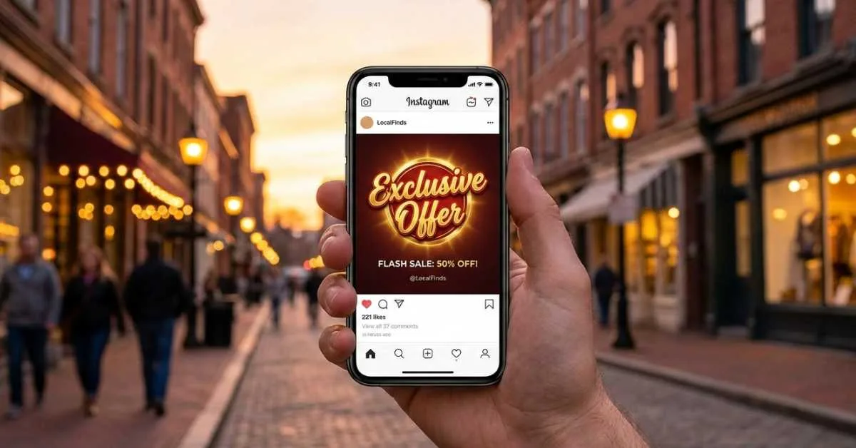 Mão segurando celular com Instagram aberto mostrando promoção exclusiva, fundo desfocado de comércio local ao entardecer.