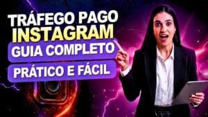 Mulher apontando para o texto de um guia prático ensinando como fazer tráfego pago no instagram para multiplicar vendas rapidamente.