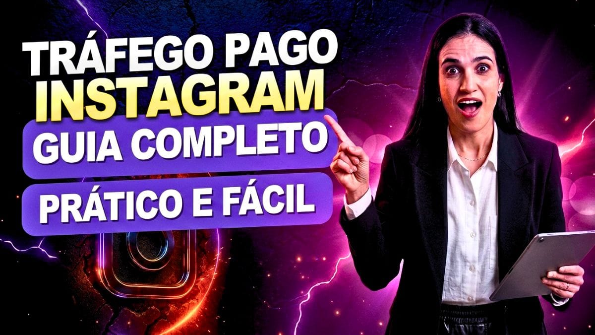 Mulher apontando para o texto de um guia prático ensinando como fazer tráfego pago no instagram para multiplicar vendas rapidamente.