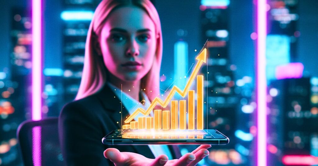 Smartphone flutuando com gráfico de lucros holográfico representando como monetizar o Instagram em 2026.