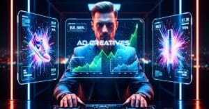 Especialista em marketing analisando métricas de sucesso de criativos para anúncios em telas digitais.