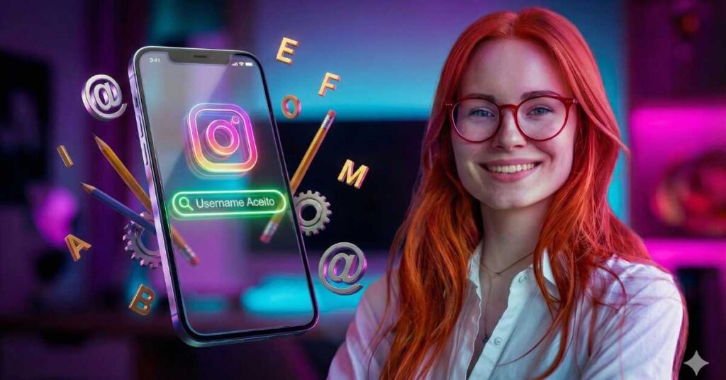 Smartphone futurista exibindo confirmação de nome de usuário aceito no Instagram, rodeado por ícones criativos 3D, ilustrando o uso de um gerador de nomes para Instagram melhores ferramentas.