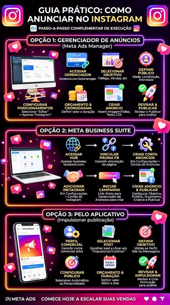 Infográfico com guia prático revelando 3 opções exatas de como fazer trafego pago no Instagram através do Gerenciador de Anúncios, Meta Business Suite e diretamente pelo aplicativo.