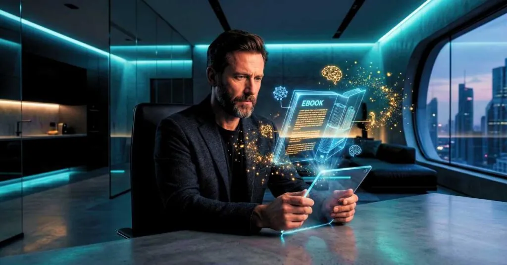 Autor utilizando os melhores cursos para criar ebook com IA em um ambiente futurista.