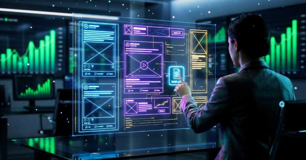 Ilustração futurista de alta tecnologia mostrando modelos prontos para anúncios publicitários digitais em formato de hologramas 3D sendo manipulados por um especialista em marketing.