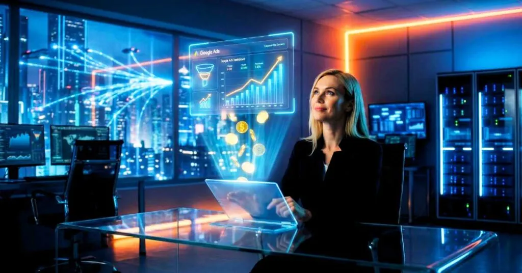 Gestor de tráfego analisando gráficos de crescimento em holograma futurista do Google Ads representando sucesso em vendas online.