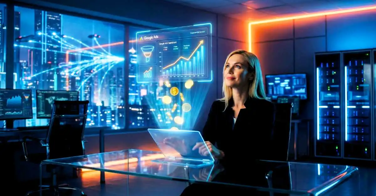 Gestor de tráfego analisando gráficos de crescimento em holograma futurista do Google Ads representando sucesso em vendas online.