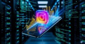 Home 11 Smartphone projetando gráficos de crescimento e ícone do Instagram representando o sucesso com trafego pago instagram.