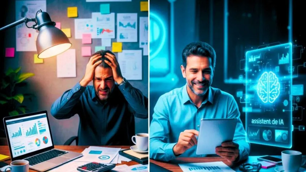 Comparativo visual divido ao meio: à esquerda, empresário estressado e cercado de papelada manual; à direita, empresário tranquilo lucrando com o uso de um assistente de ia digital