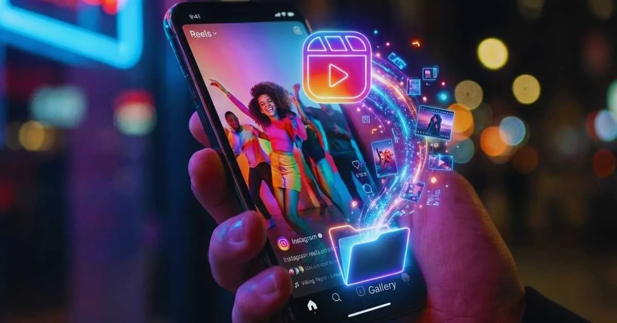 Ilustração em close-up da tela de um smartphone mostrando um fluxo de dados digital transferindo magicamente um vídeo do ícone do Instagram Reels direto para o ícone da galeria de fotos, representando o processo de baixar reel instagram.