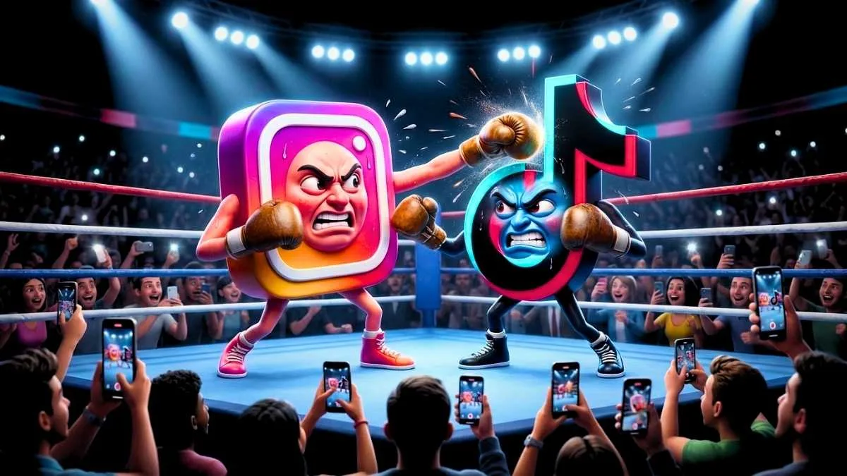 Personagens 3D dos logotipos do Instagram e TikTok em uma luta de boxe intensa em um ringue cercado por pessoas filmando com celulares, ilustrando a batalha entre as redes sociais mais usadas.