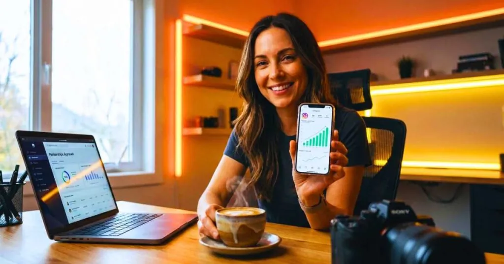 Influenciador digital analisando métricas de crescimento no smartphone em home office, ilustrando como posso ganhar dinheiro com parcerias no Instagram.