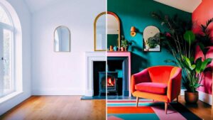 Comparativo lado a lado de um ambiente antes e depois da intervenção de design de interiores. À esquerda, a sala está vazia com paredes brancas; à direita, o mesmo espaço apresenta um design de interiores vibrante com poltrona laranja e rosa, tapete geométrico e plantas.