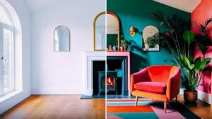 Comparativo lado a lado de um ambiente antes e depois da intervenção de design de interiores. À esquerda, a sala está vazia com paredes brancas; à direita, o mesmo espaço apresenta um design de interiores vibrante com poltrona laranja e rosa, tapete geométrico e plantas.