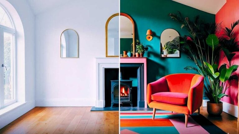 Comparativo lado a lado de um ambiente antes e depois da intervenção de design de interiores. À esquerda, a sala está vazia com paredes brancas; à direita, o mesmo espaço apresenta um design de interiores vibrante com poltrona laranja e rosa, tapete geométrico e plantas.