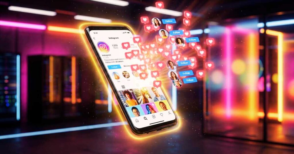 Smartphone com notificações de ganhar seguidores no Instagram grátis explodindo da tela em efeito 3D com luzes neon.