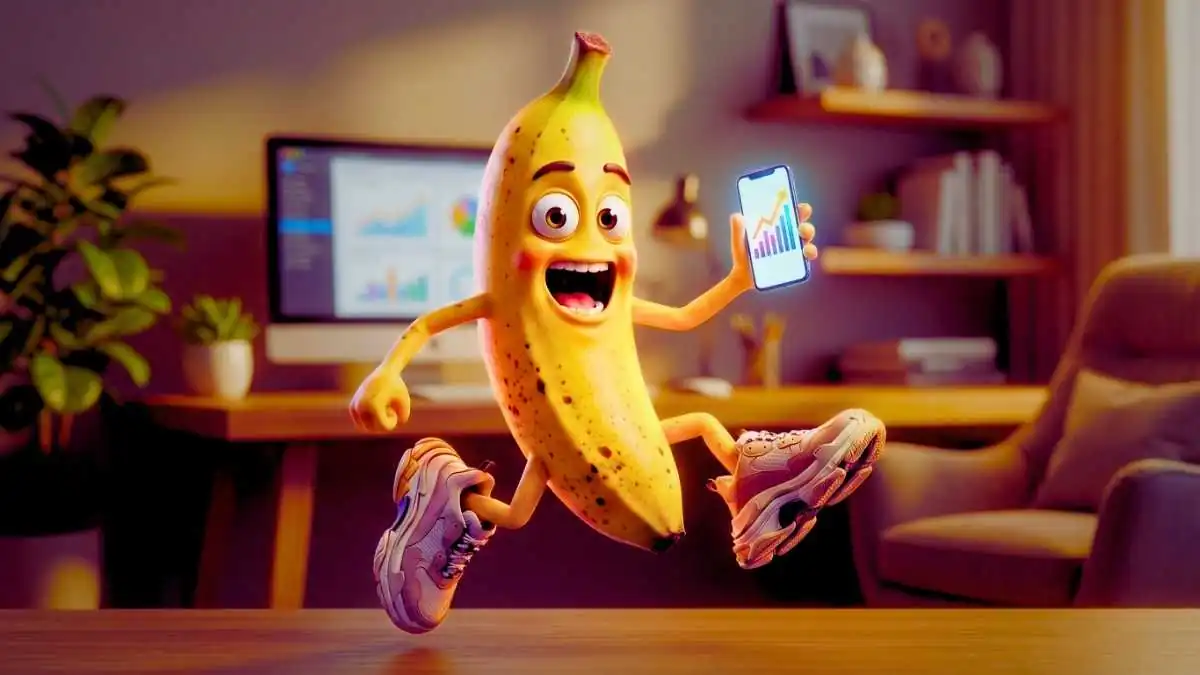 Mascote 3D Nano Banana com expressão de surpresa segurando smartphone, gerado por ia que cria imagens para engajamento no Instagram.
