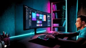 Espaço de trabalho moderno de um aluno estudando cursos de webdesign online com monitor ultrawide.