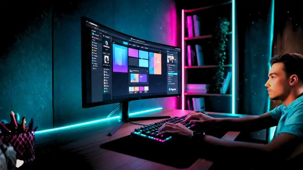Espaço de trabalho moderno de um aluno estudando cursos de webdesign online com monitor ultrawide.