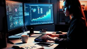 Criadora de conteúdo trabalhando em setup moderno com monitores exibindo gráficos de vendas, ilustrando como criar produtos digitais de sucesso.