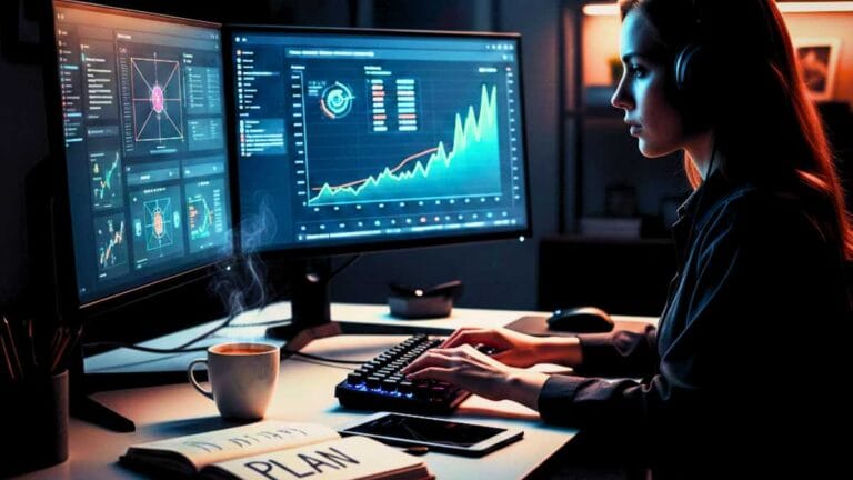 Criadora de conteúdo trabalhando em setup moderno com monitores exibindo gráficos de vendas, ilustrando como criar produtos digitais de sucesso.