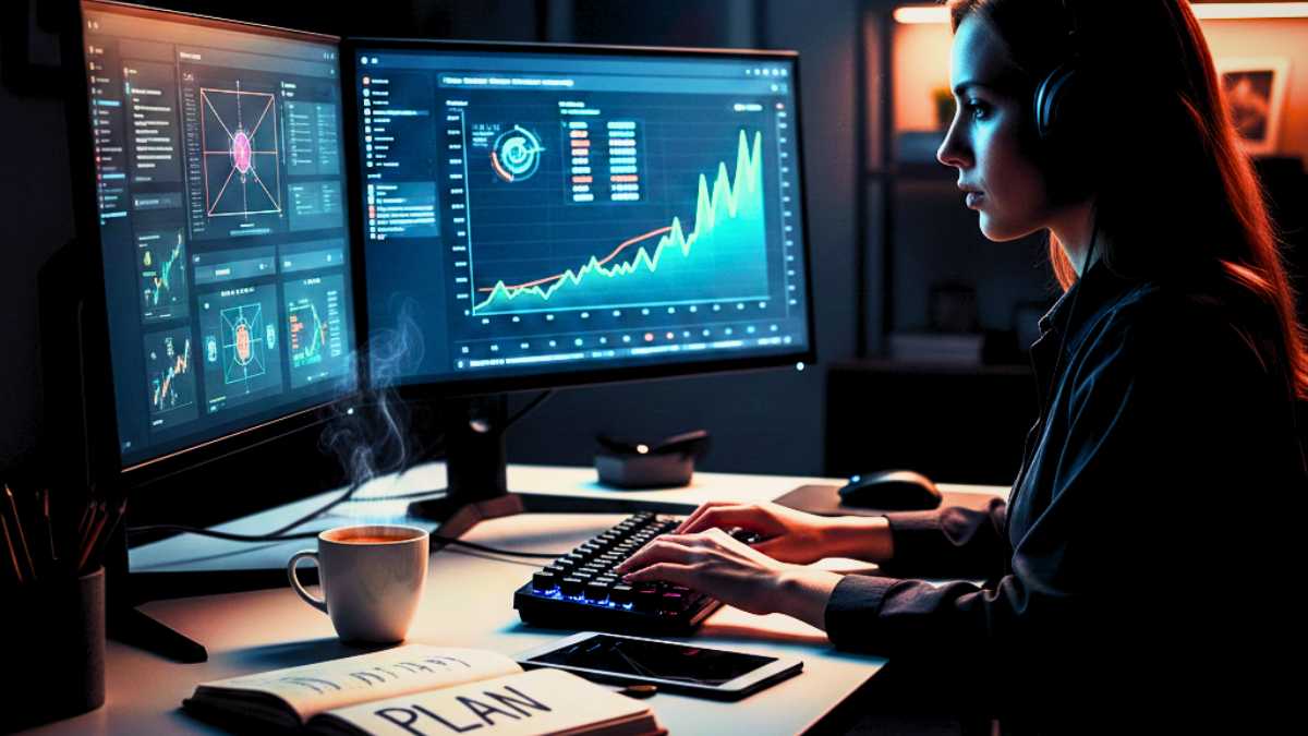 Criadora de conteúdo trabalhando em setup moderno com monitores exibindo gráficos de vendas, ilustrando como criar produtos digitais de sucesso.