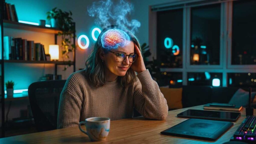 Mulher empreendedora em um home office com o cérebro brilhando e emitindo fumaça de alívio após descobrir o método exato para criar ebook com inteligência artificial grátis, técnica de automação que domina o mercado digital no Rio de Janeiro.