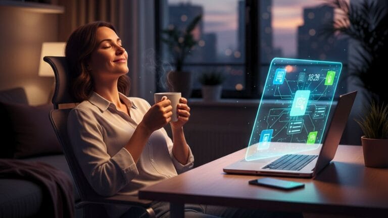 Mulher sorrindo e descansando com uma xícara de café enquanto diversas ferramentas de IA processam tarefas automaticamente em um notebook moderno, simbolizando produtividade e liberdade de tempo.