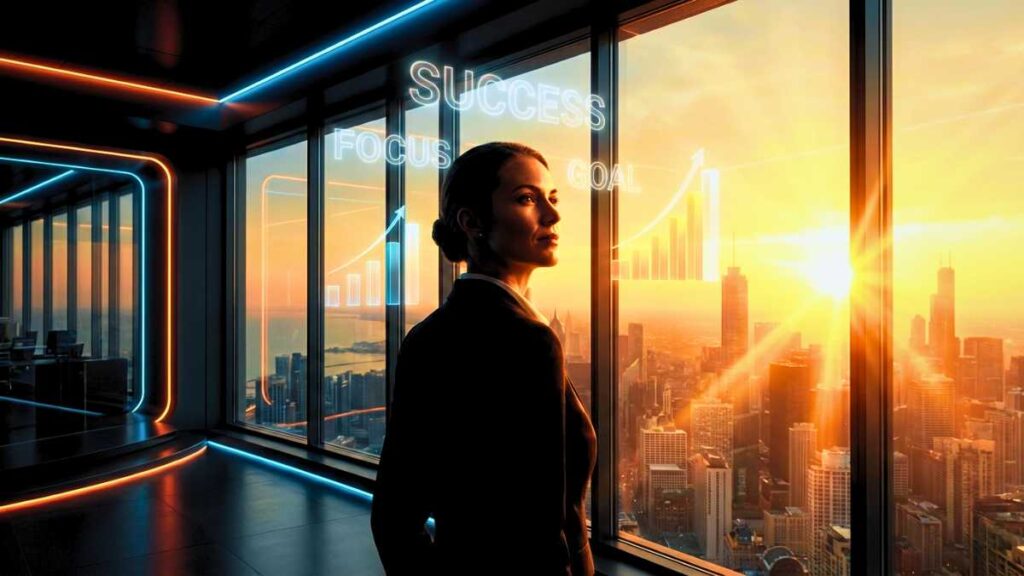 Profissional de vendas de alta performance observando o nascer do sol em escritório futurista de 2026, com gráficos de lucro ascendentes e palavras e frases motivacionais venda flutuando, ilustrando o sucesso comercial.