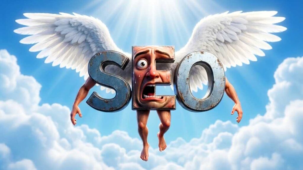Personagem 3D humorístico formado pelas letras SEO com asas de anjo e expressão de pânico no céu, simbolizando o fim da busca tradicional devido à chegada da ia generativa.