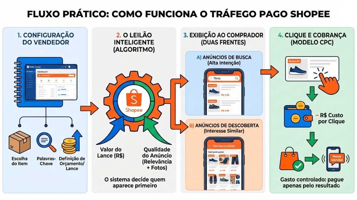 Infográfico ilustrando as quatro etapas exatas de como funciona o trafego pago shopee, desde a configuração estratégica do vendedor e leilão inteligente, até à exibição para o comprador e cobrança por clique.