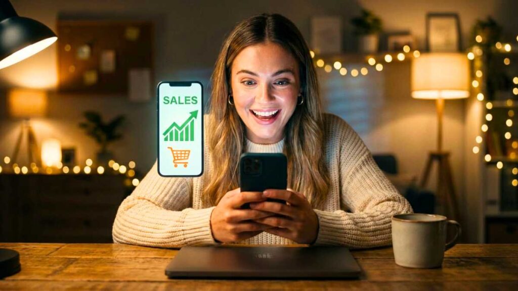 Uma mulher jovem e sorridente, em um ambiente noturno de home office, olha para o celular que projeta um gráfico de vendas crescente com a palavra "SALES" e um carrinho de compras, ilustrando o sucesso com trafego pago shopee.