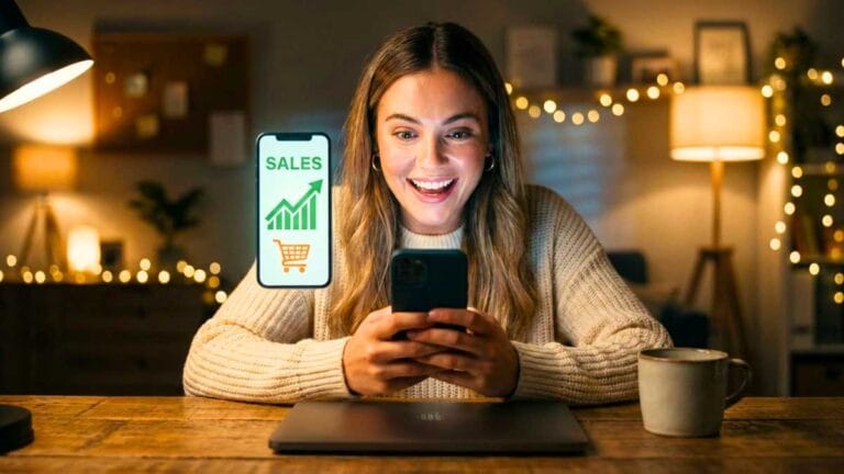 Uma mulher jovem e sorridente, em um ambiente noturno de home office, olha para o celular que projeta um gráfico de vendas crescente com a palavra "SALES" e um carrinho de compras, ilustrando o sucesso com trafego pago shopee.