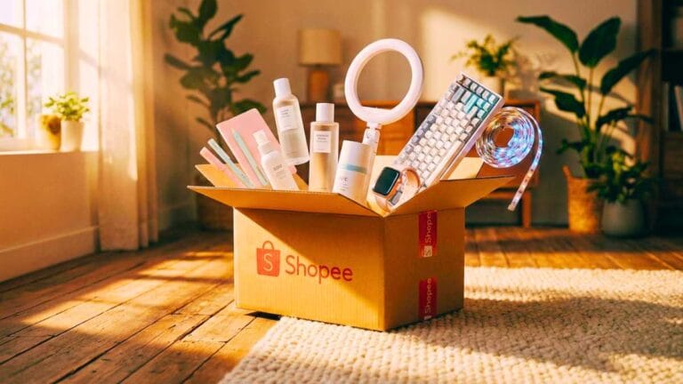Caixa de entregas da Shopee aberta em um chão de madeira rústico, transbordando os produtos mais vendidos na shopee de 2026, como itens de skincare, teclado mecânico e fitas LED, iluminados por uma luz natural de fim de tarde.