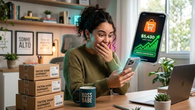 Jovem empreendedora surpresa e muito feliz olhando os gráficos de vendas no celular, cercada por caixas de envio, ilustrando o sucesso do dropshipping tiktok shop.