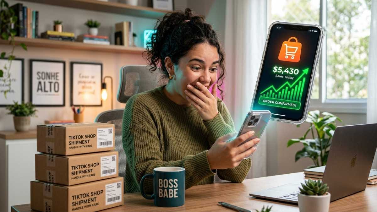 Jovem empreendedora surpresa e muito feliz olhando os gráficos de vendas no celular, cercada por caixas de envio, ilustrando o sucesso do dropshipping tiktok shop.