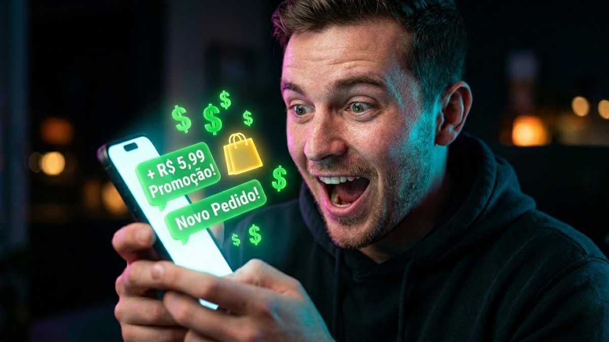 Homem surpreso e eufórico segurando um smartphone com notificações luminosas verdes de 'Novo Pedido' e 'Promoção' em reais saltando da tela, ilustrando o sucesso explosivo de vendas no tiktok shop.