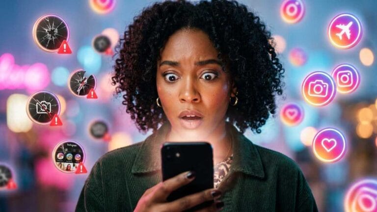 Mulher chocada olhando o celular com capas para destaques do instagram desorganizadas flutuando ao fundo