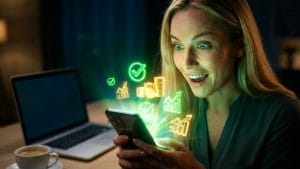 Mulher loira surpresa e feliz olhando para celular que projeta gráficos de lucro e moedas de ouro, representando o sucesso financeiro com infoprodutos.